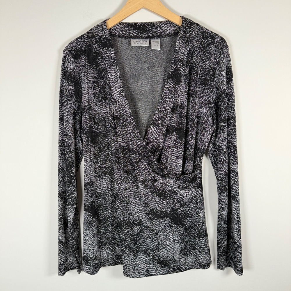 Chico's Travelers Criss Cross Front Faux Wrap Shirt Top Blouse Size 2 Large